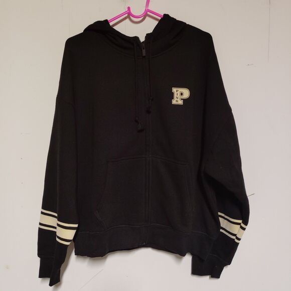 Victoria Secret PINK black full zip hooded fleece jacket size L - Picture 2 of 8